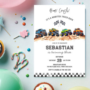 Invitación Cumpleaños de niño Bash Boom Smash Crash de camión