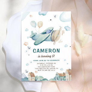Invitación Cumpleaños de niño con avión vintage en acuarela
