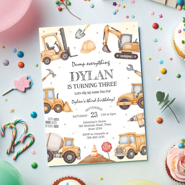 Invitación Cumpleaños de niño con camión de volteo de constru (Subido por el creador)