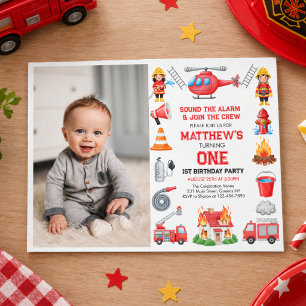 Invitación Cumpleaños de niño con camiones de bomberos Pequ