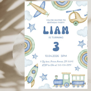 Invitación Cumpleaños de niño con coches camiones trenes avio