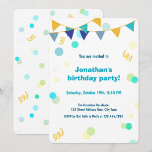 Invitación Cumpleaños de niño con confeti azul verde y amaril