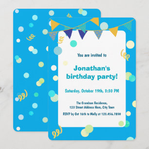 Invitación Cumpleaños de niño con confeti azul y verde