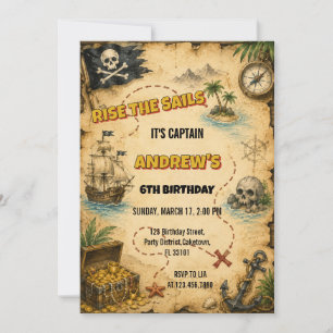 Invitación Cumpleaños de niño con mapa del tesoro pirata vint
