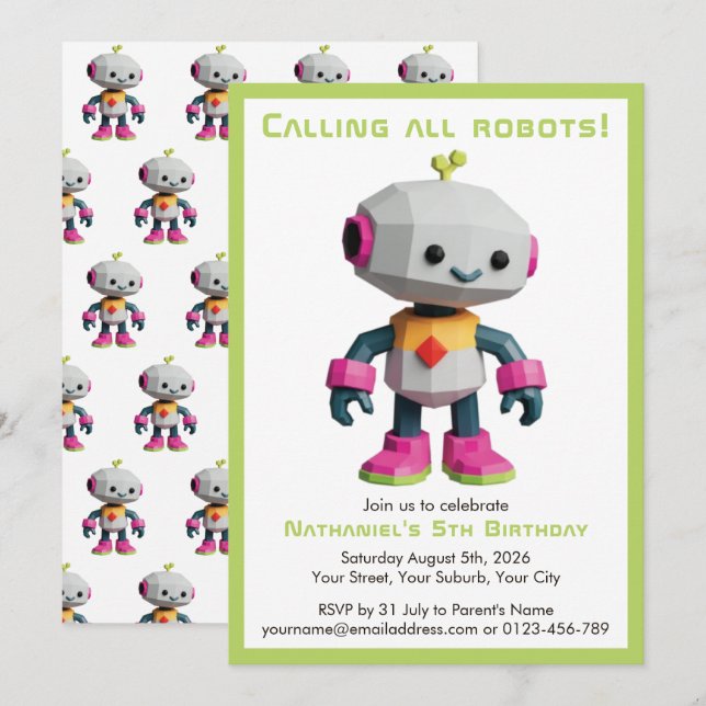 Invitación Cumpleaños de niño con robot divertido (Anverso / Reverso)