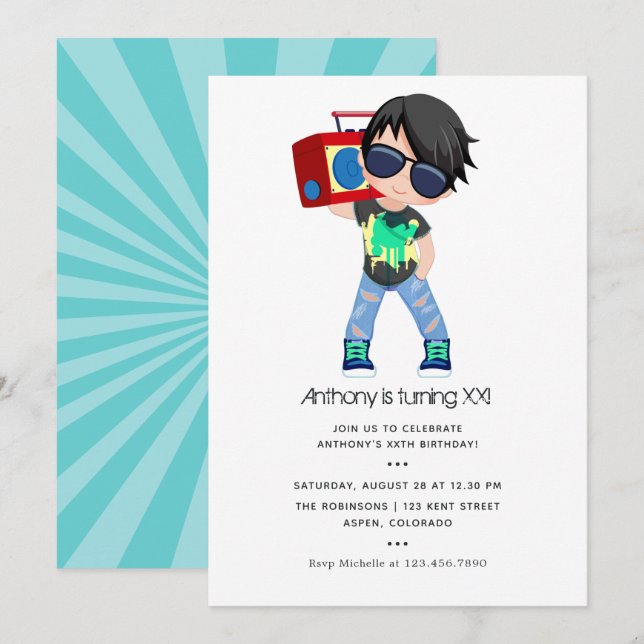 Invitación Cumpleaños de niño con tema de Hip Hop (Anverso / Reverso)