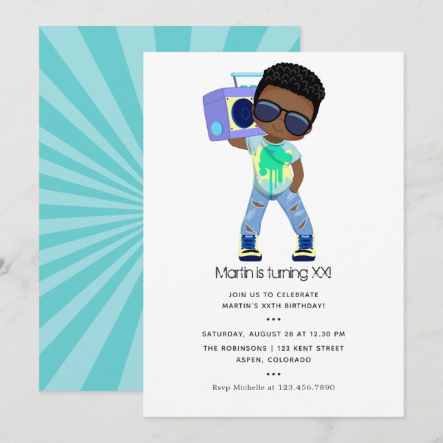 Invitación Cumpleaños de niño con tema de Hip Hop (Anverso / Reverso)