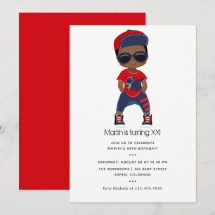 Invitación Cumpleaños de niño con tema de Hip Hop Rojo y Azul