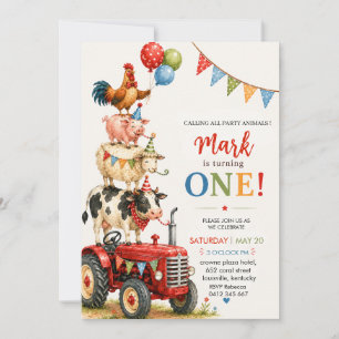 Invitación Cumpleaños de niño con tractor lindo y animales de