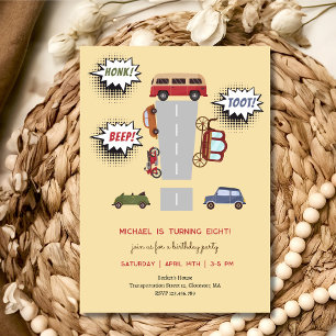 Invitación Cumpleaños de niño con vehículos retro Honk beep t
