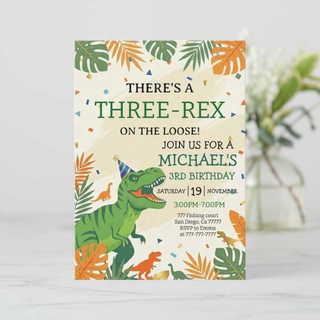 Invitación Cumpleaños de niño de 3 años con dinosaurio Three- (Anverso de pie)