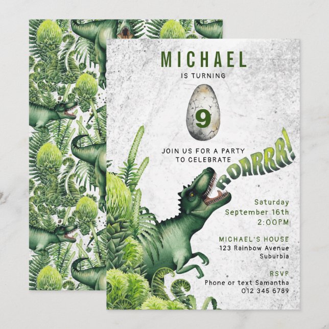 Invitación Cumpleaños de niño de cualquier edad con dinosauri (Anverso / Reverso)