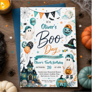 Invitación Cumpleaños de niño día de brujas fantasma azul Hal