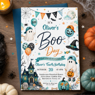 Invitación Cumpleaños de niño día de brujas fantasma azul Hal