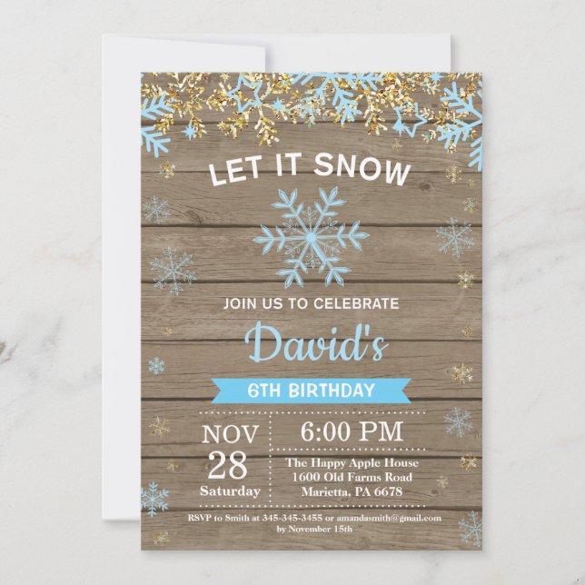 Invitación Cumpleaños de Niño en Invierno Rústico Copo de Nie (Anverso)