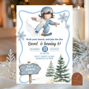 Invitación Cumpleaños de niño en la nieve con snowboarding