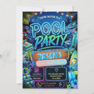 Invitación Cumpleaños de Niño Fiesta de Piscina Neon de Veran