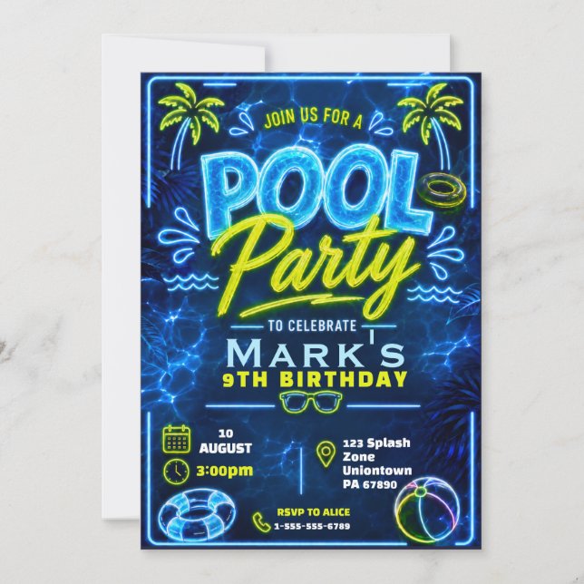 Invitación Cumpleaños de Niño Fiesta en Piscina de Neón (Anverso)