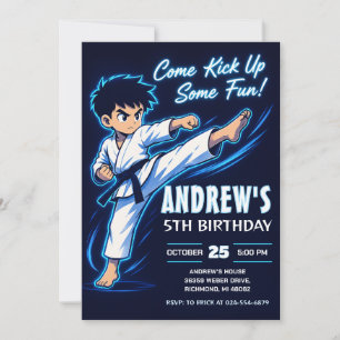 Invitación Cumpleaños de niño guerrero de karate en neón azul