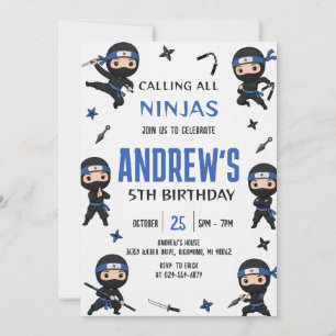 Invitación Cumpleaños de Niño Guerrero Ninja Azul Personaliza