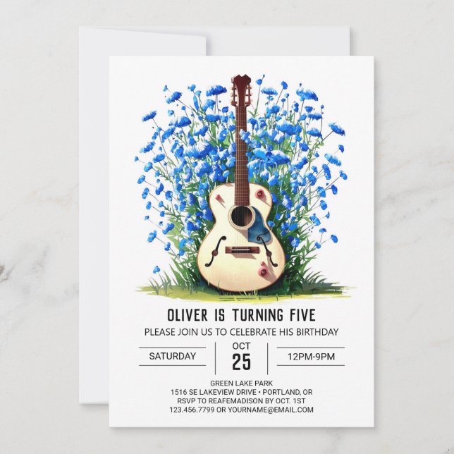 Invitación Cumpleaños de niño guitarrista de músico acústico (Anverso)