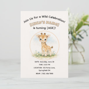 Invitación Cumpleaños de Niño Jirafa Safari Acuarela Lindo
