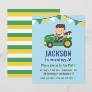 Invitación Cumpleaños de niño lindo y perro en tractor