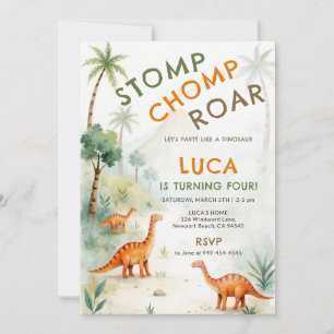Invitación Cumpleaños de Niño Naranja Acuarela Volcán Dinosau