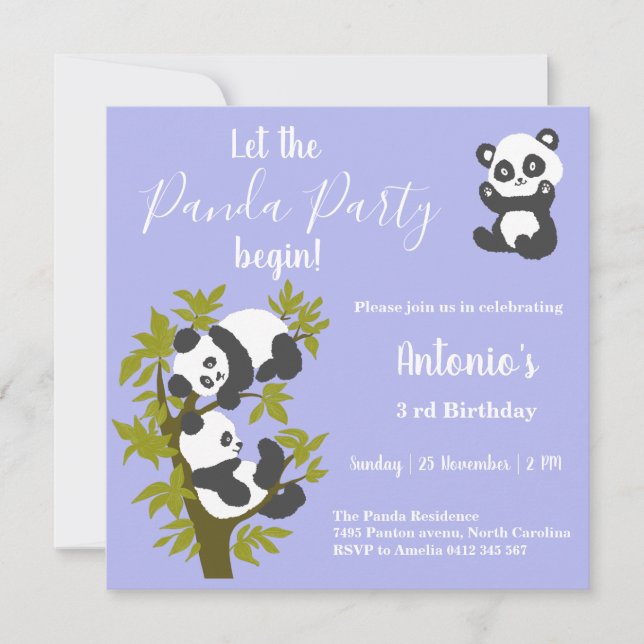 Invitación Cumpleaños de niño, ositos pandas lindos  (Anverso)