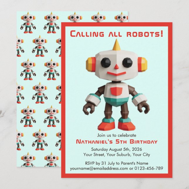 Invitación Cumpleaños de niño robot divertido lindo (Anverso / Reverso)