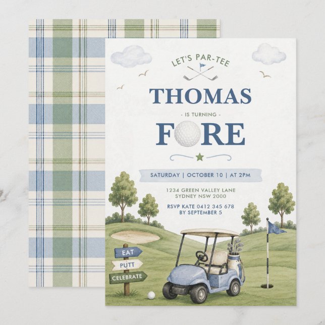 Invitación Cumpleaños de niño tema golf 4 (Anverso / Reverso)