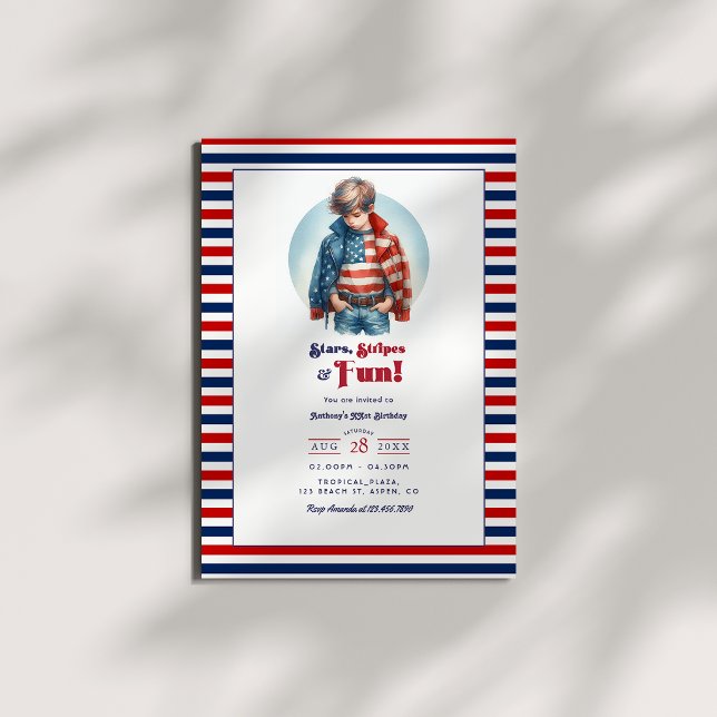 Invitación Cumpleaños de Niño Todo Americano | Estrellas, Fra (Stars, Stripes & Fun | All American Boy Birthday Invitation)