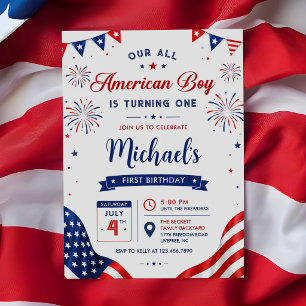 Invitación Cumpleaños de Niño Totalmente Americano 4 de Julio