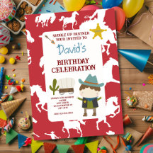 Cumpleaños de niño vaquero con caballo rojo lindo