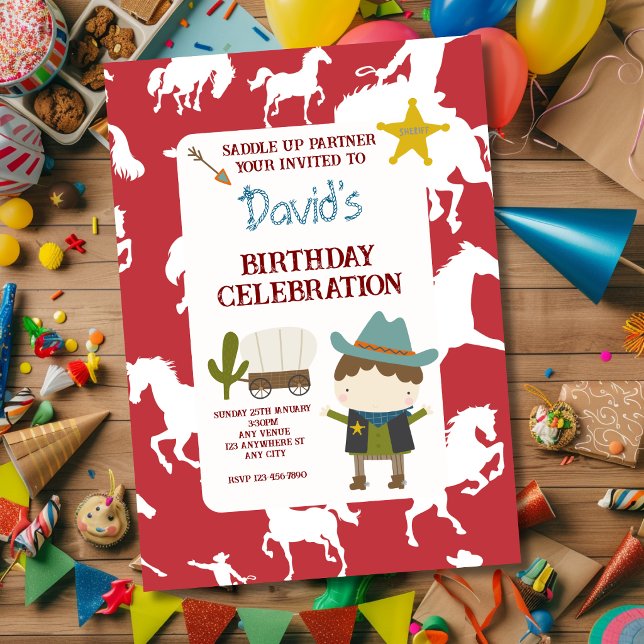 Invitación Cumpleaños de niño vaquero con caballo rojo lindo (Subido por el creador)