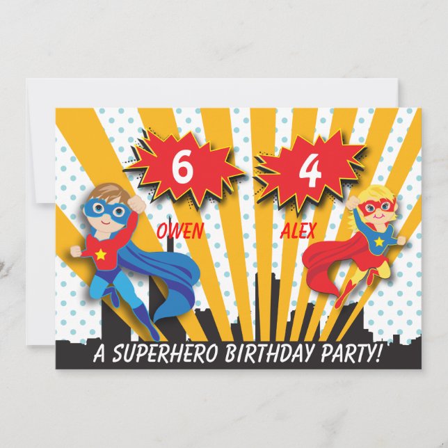 Invitación Cumpleaños de niño y Chica superhéroe (Anverso)