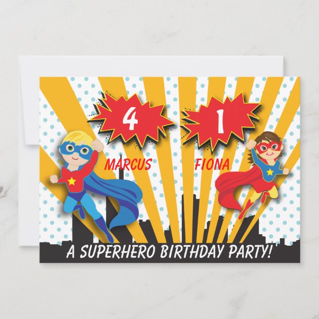 Invitación Cumpleaños de niño y Chica superhéroe (Anverso)