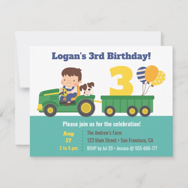 Invitación Cumpleaños de niño y perro en tractor con globos (Anverso)