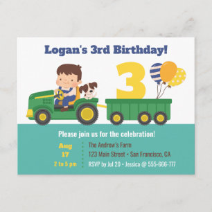 Invitación Cumpleaños de niño y perro en tractor con globos