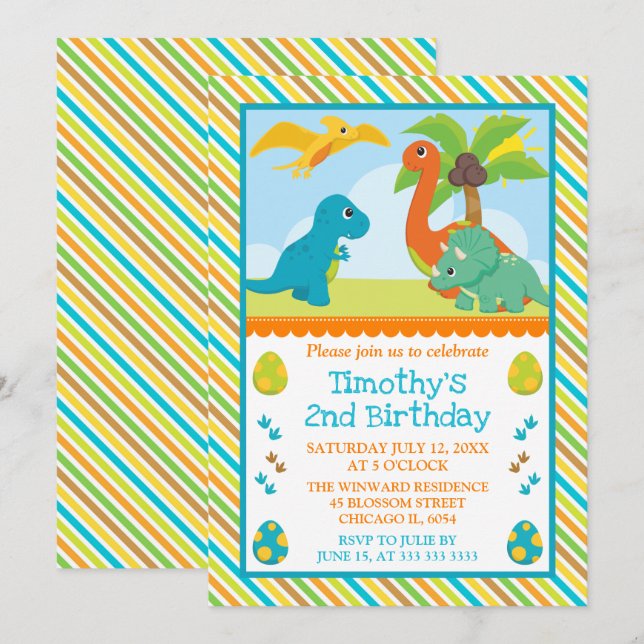 Invitación Cumpleaños de niños amigos dinosaurios lindos (Anverso / Reverso)