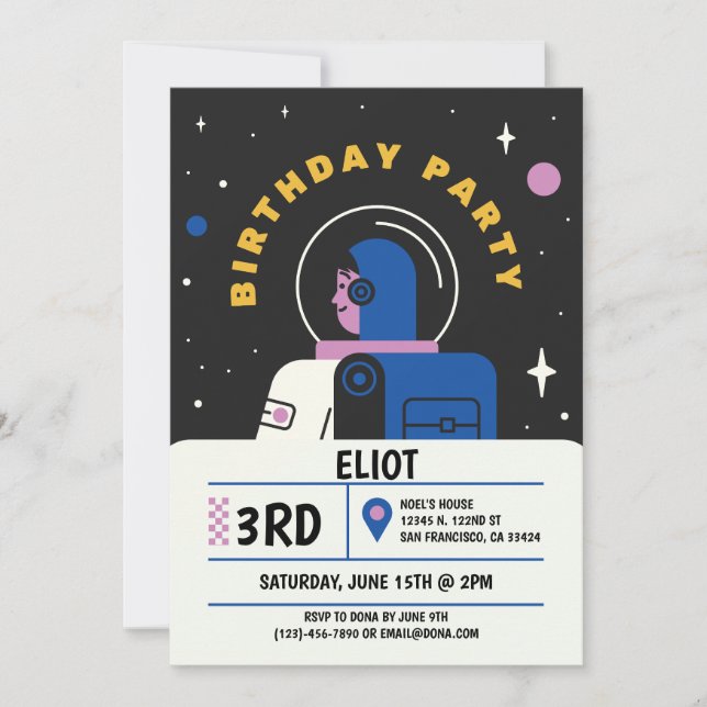 Invitación Cumpleaños de niños astronauta moderno negro (Anverso)