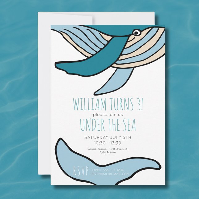 Invitación Cumpleaños de niños ballena del océano (Blue Whale Under the Sea Kids Birthday Party Invitation.  Easily edit online with your own details.)