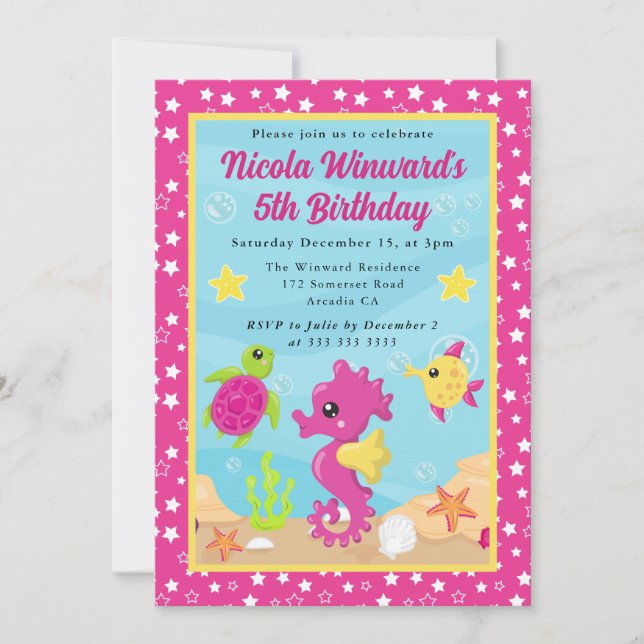Invitación Cumpleaños de niños caballito de mar submarino lin (Anverso)