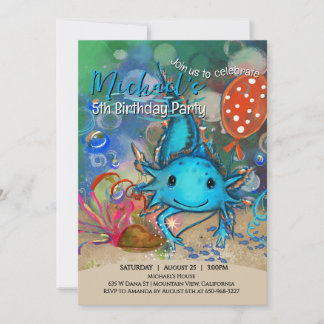 Invitación Cumpleaños de niños con ajolote azul acuarela capr