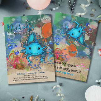 Invitación Cumpleaños de niños con ajolote azul acuarela capr