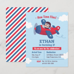 Invitación Cumpleaños de niños con avión de hélice piloto lin