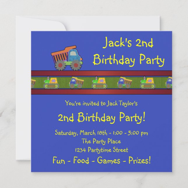 Invitación Cumpleaños de niños con camión de volteo (Anverso)
