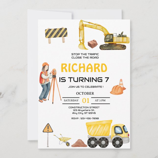 Invitación Cumpleaños de niños con camión de volteo de constr (Anverso)