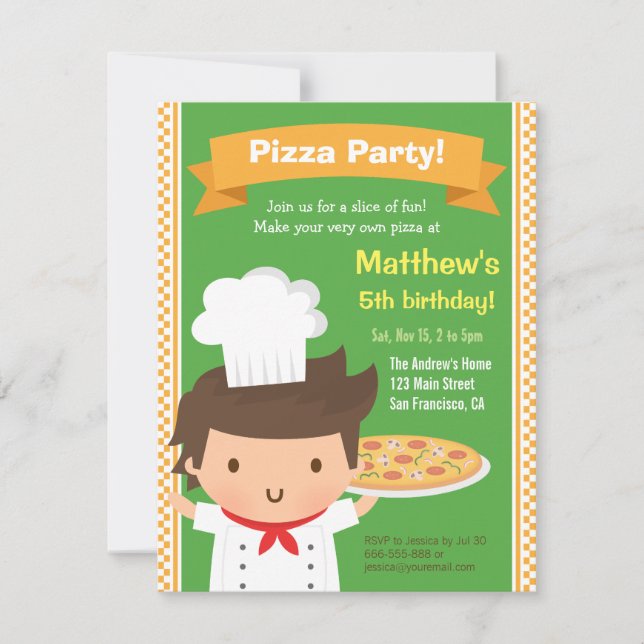 Invitación Cumpleaños de niños con Chef Niño de Pizza Lindo (Anverso)