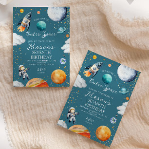 Invitación Cumpleaños de niños con cohete espacial exterior a